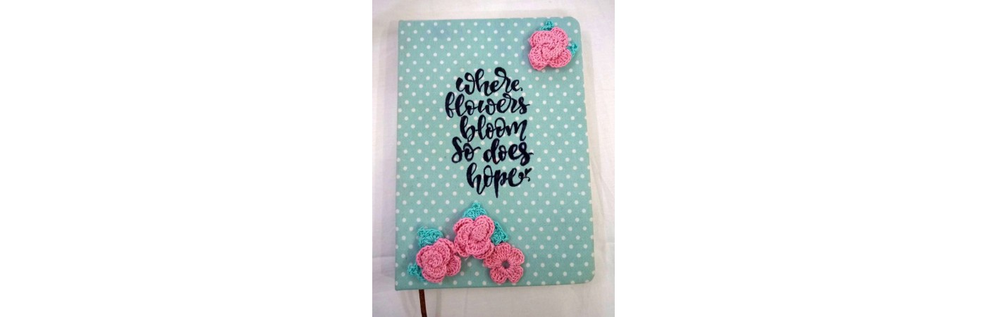 Diary with Crochet Embellished Pink Flowers and Leaves